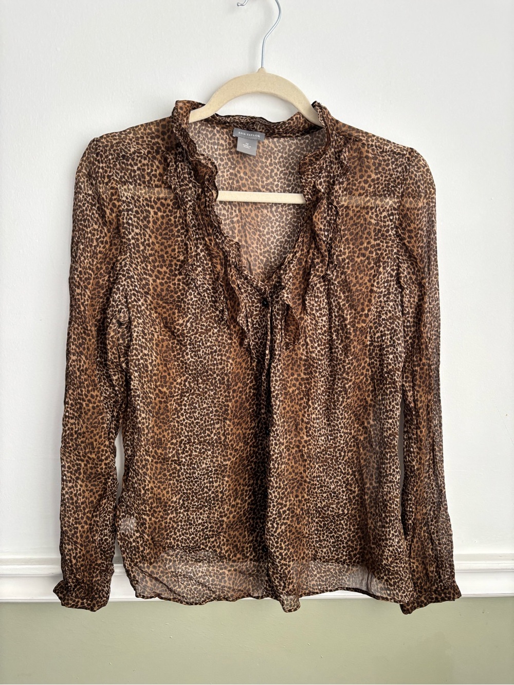 Ann Taylor- Women’s 100% Silk Brown Leopard Ruffle-Trim Sheer Button-Up Blouse